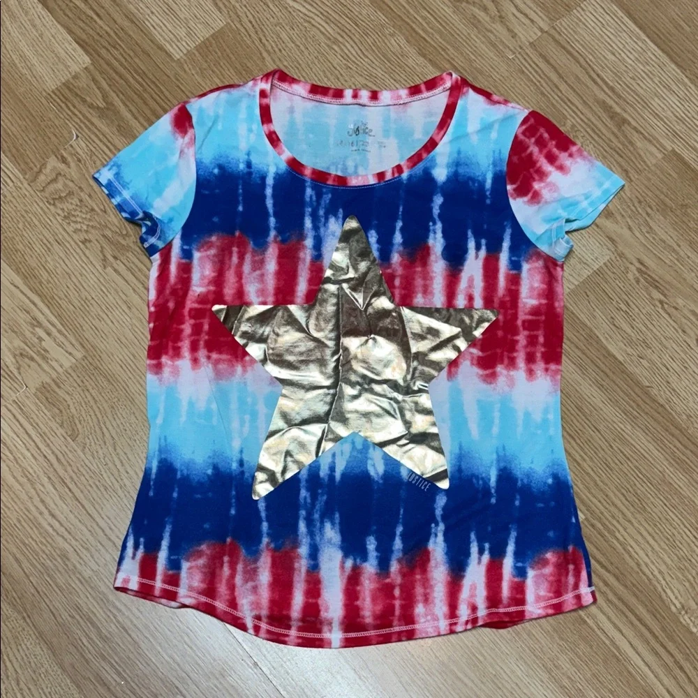Justice 14/16 Red White Blue Tie Dye Tee Gold Star Patriotic Graphic